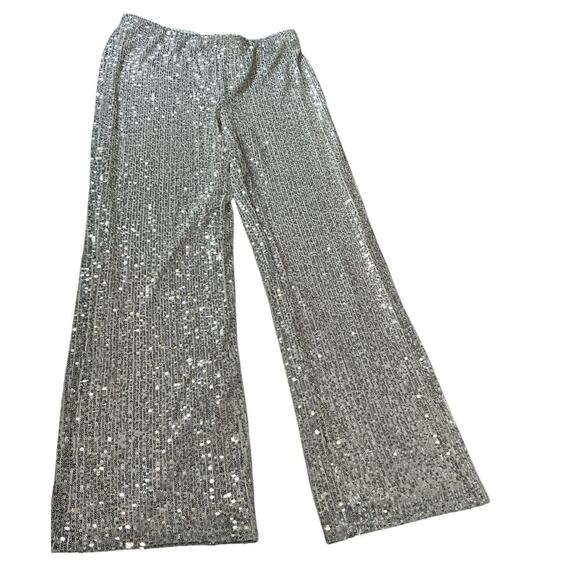 The CeCe Silver Sequin Pants Straight Leg Elastic Waist Band Stretchy X-large - Picture 5 of 14
